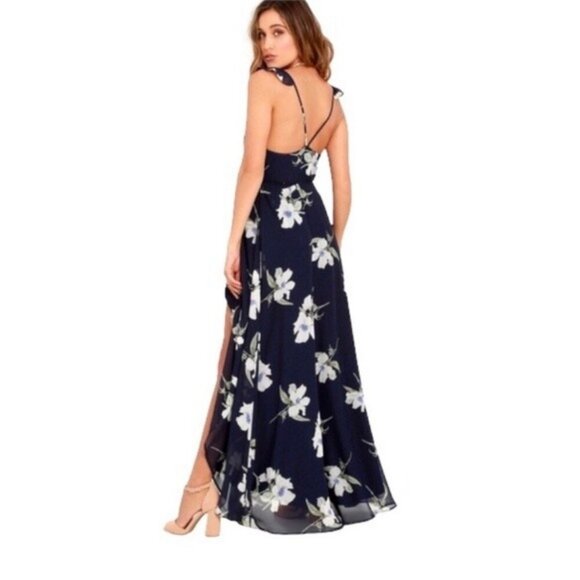 NEW Lulu's All Mine Navy Blue Floral Print High-Low Wrap Dress Size Small NWT - Picture 2 of 9